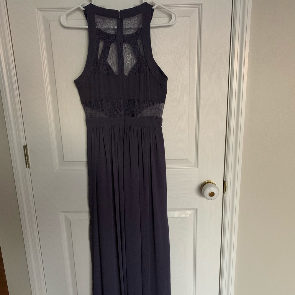 BCBG floor length deep purple dress w/ lace detail